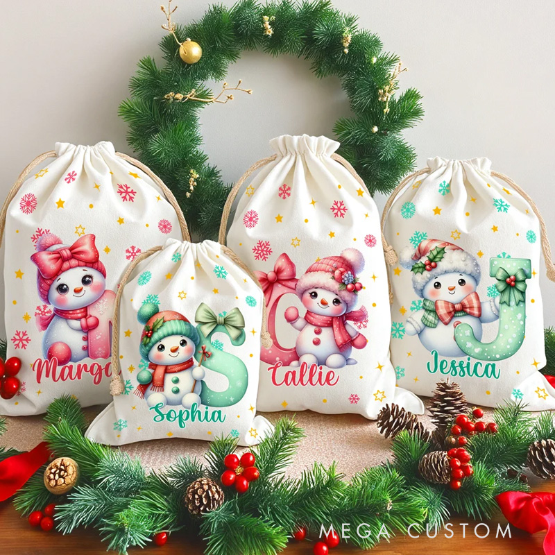 Personalized Cute Cartoon Santa Hat Snowman Initial Drawstring Gift Bag with Name Christmas Gift 