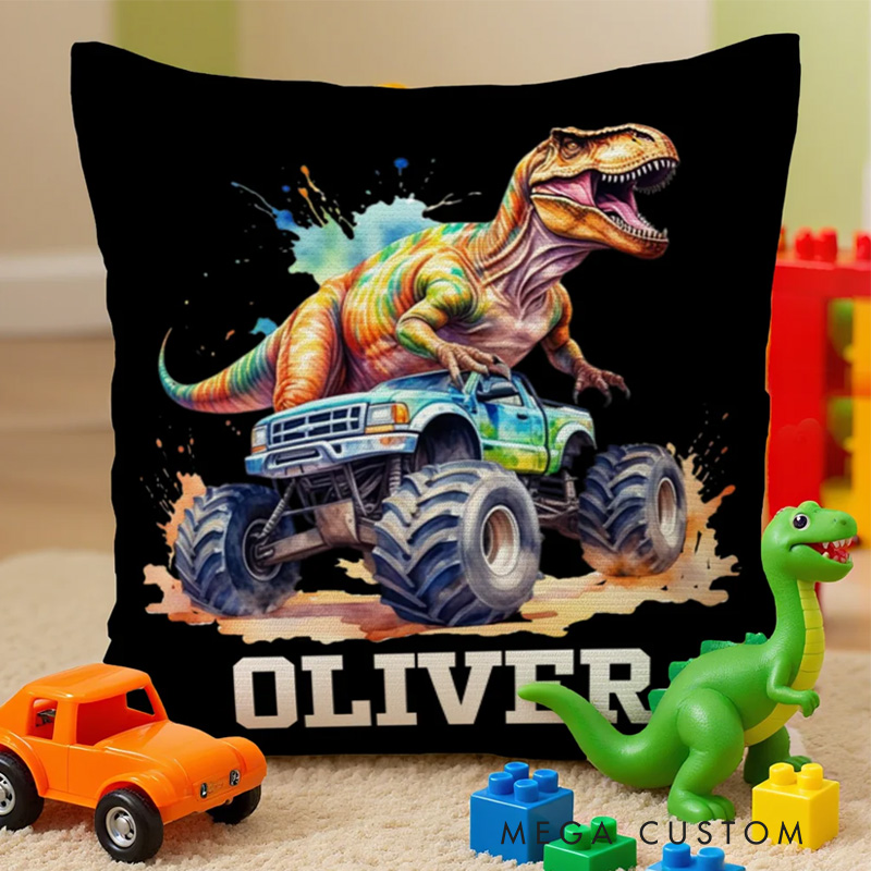 Personalized Dinosaur Truck Soft Throw Pillow with Name Room Decor Birthday Christmas Gift for Boys Girls