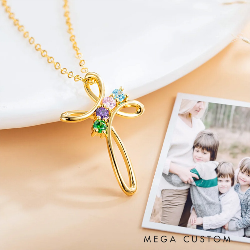 Personalized 1-5 Birthstone Cross Pendant Necklace Mother's Day Gift for Mom Birthday Religious Gift for Women