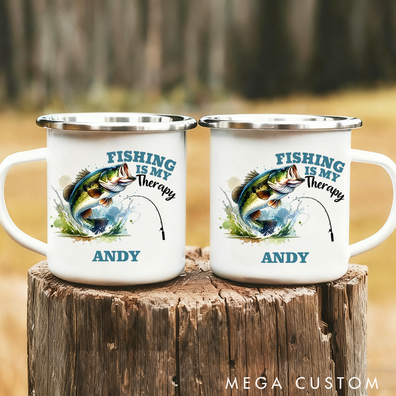 Personalized Fishing Enamel Mug Fishing is My Therapy Design Enamel Cup Fishing Mug Gift for fisherman Fathers Day Mug Dad Fishing Gifts