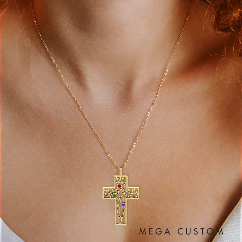 Personalized Cross 3 Birthstones Family Tree Necklace Dainty Jewelry Mother's Day Baptism Birthday Gift for Mom Grandma Christian