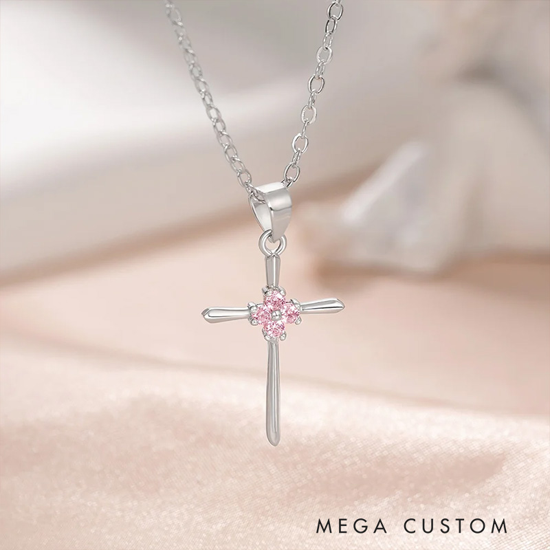 Personalized Minimalism 4 Birthstones Cross Necklace Jesus Jewelry Birthday Christian Baptism Gift for Women