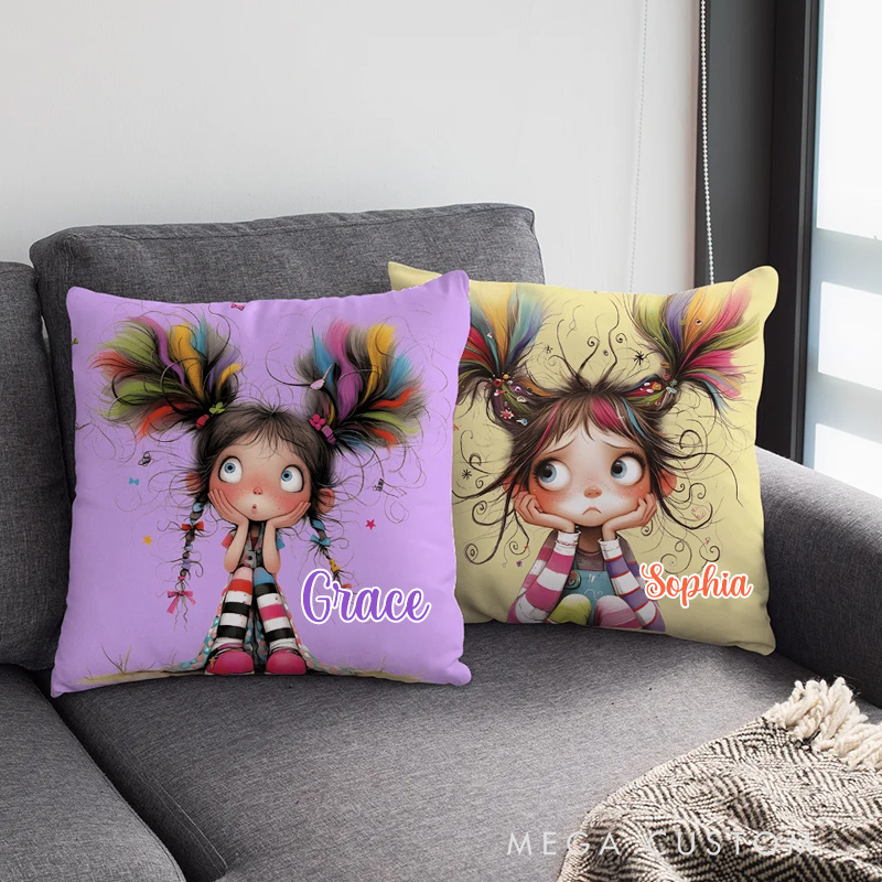 Personalized Cute Cartoon Quirky Girl Throw Pillow with Name Home Decor Birthday Gift for Girls