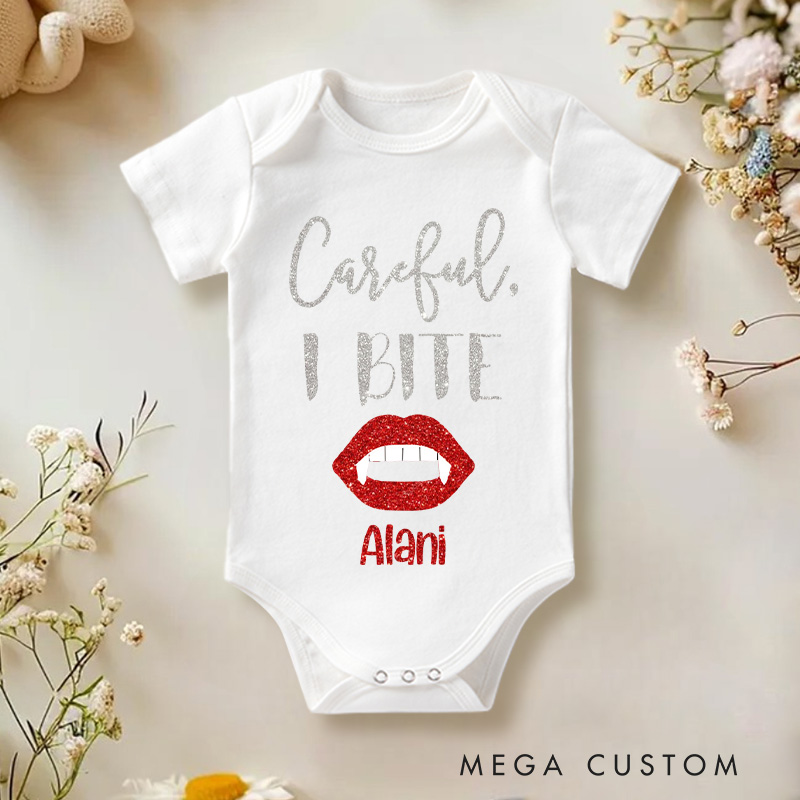 Personalized Careful I Bite Halloween Vampire Baby Onesie 1st Halloween Baby Gift