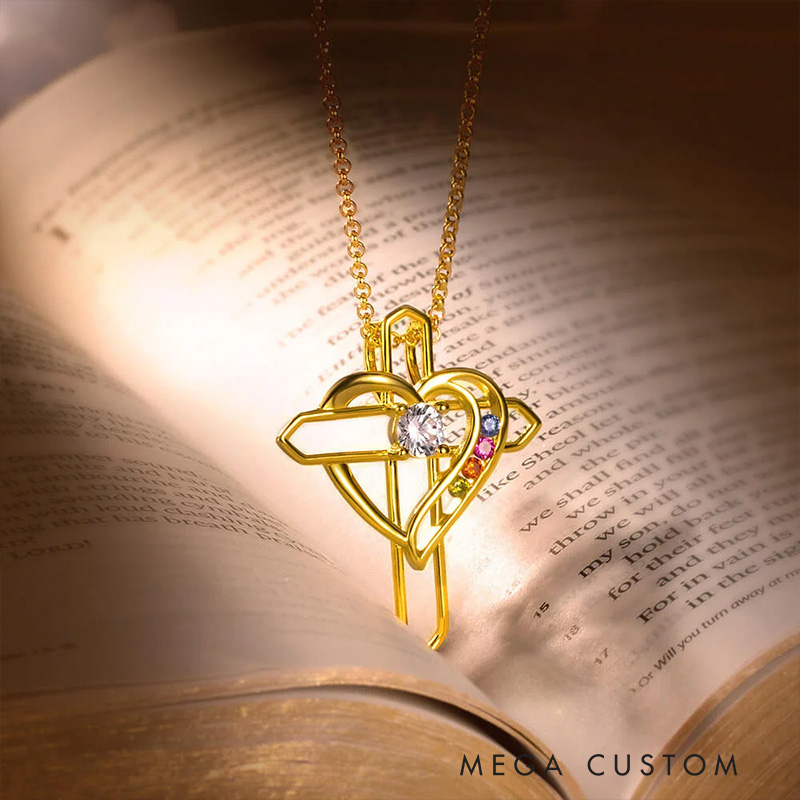 Personalized Heart and Cross Family Birthstone Necklace with 2/4 Birthstones Religious Jewelry Birthday Baptism Mother's Day Gift for Women Christian