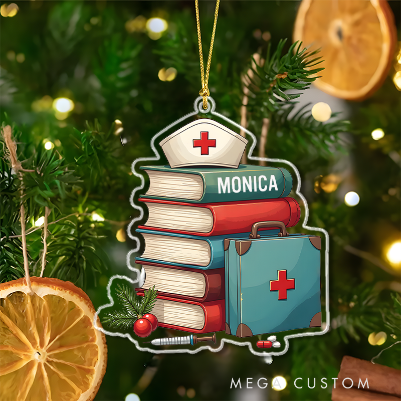 Personalized Books Cap and Care Kit Christmas Ornament Custom Name Acrylic Ornament Christmas Gift for Nurse