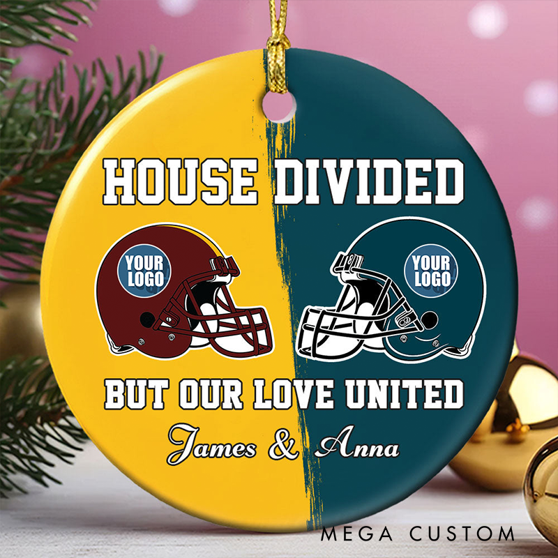 Personalized American Football Christmas Ornament for Couples with Custom Team Logos and Names