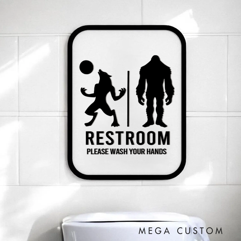 Personalized Werewolf Bigfoot Gender Neutral Bathroom Restroom Sign Please Wash Your Hands 3D Bathroom Sign Bathroom Decor for Geek Lovers
