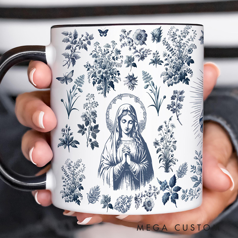 Personalized Catholic Virgin Mary Toile  11oz 15oz Ceramic Mug with Name Our Lady Coffee Cup Floral Catholic Mug Marian Mug Christian Gift for Women