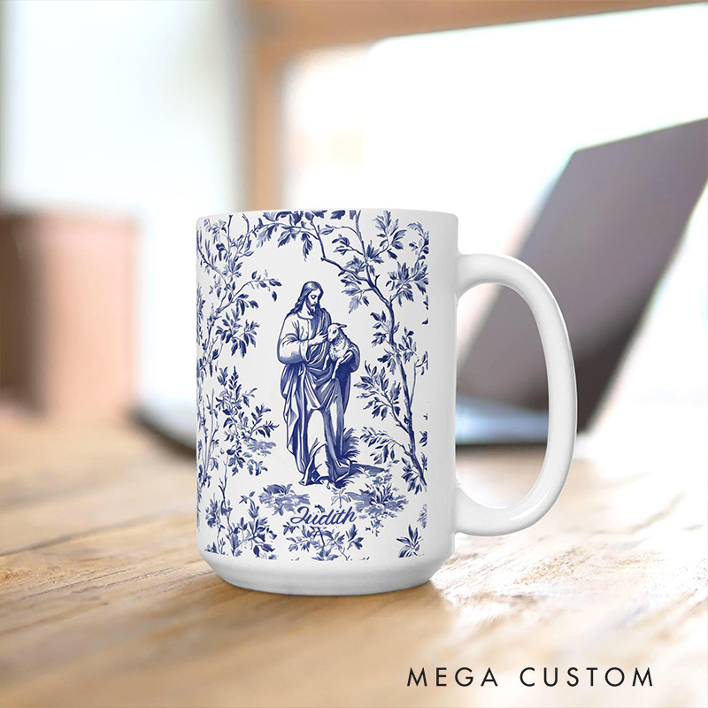 Personalized Jesus and Lost Lamb Blue Toile de Jouy 11oz 15oz Ceramic Mug with Name French Toile Coffee Cup Religious Gift for Women Faith Tea Cup