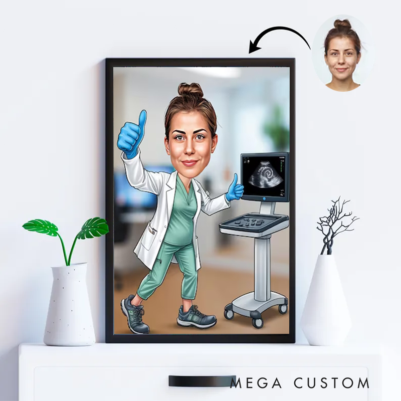 Personalized Cartoon Nurse Portrait From Photo Custom Sonographer Female Cartoon Nurse Portrait Wall Art