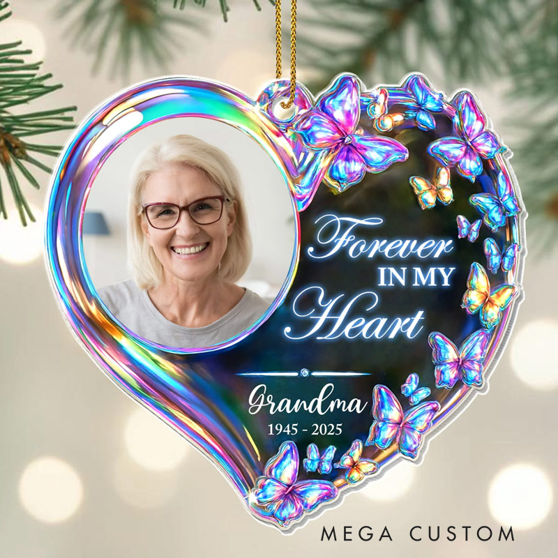 Personalized Memorial Photo Ornament Forever In My Heart Colorful Butterflies Ornament Sympathy Gifts for Loss of Loved One