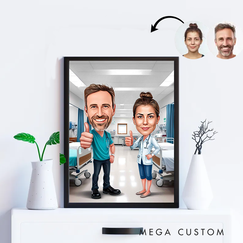 Personalized Cartoon Nurse Portrait From Photo Custom Nurse Couple Cartoon Portrait Wall Art