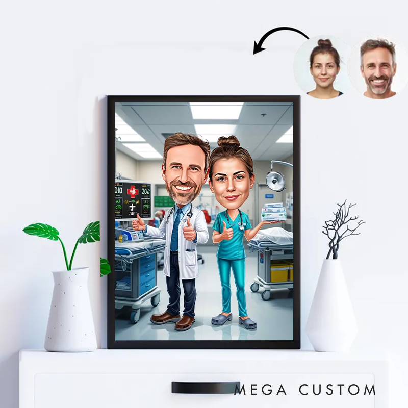Personalized Cartoon Nurse Portrait From Photo Custom Nurse Couple Cartoon Portrait Wall Art