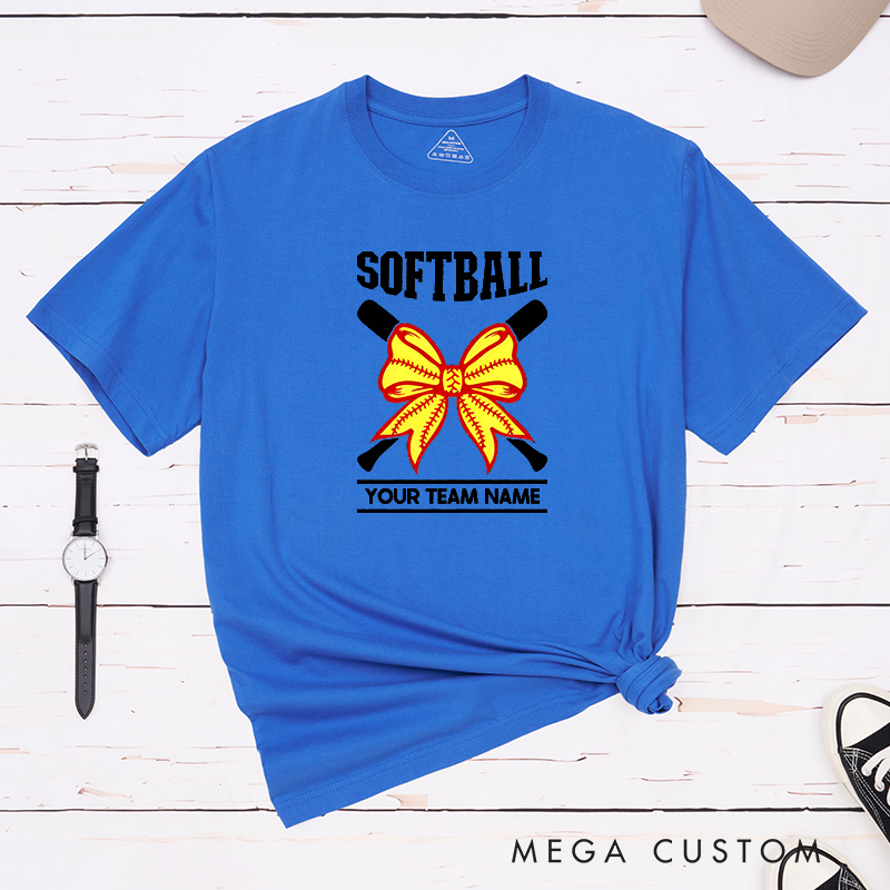 Personalized Softball Team T-Shirt Design Featuring Customizable Team Name Striking Softball Bow Graphic and Crossed Bats