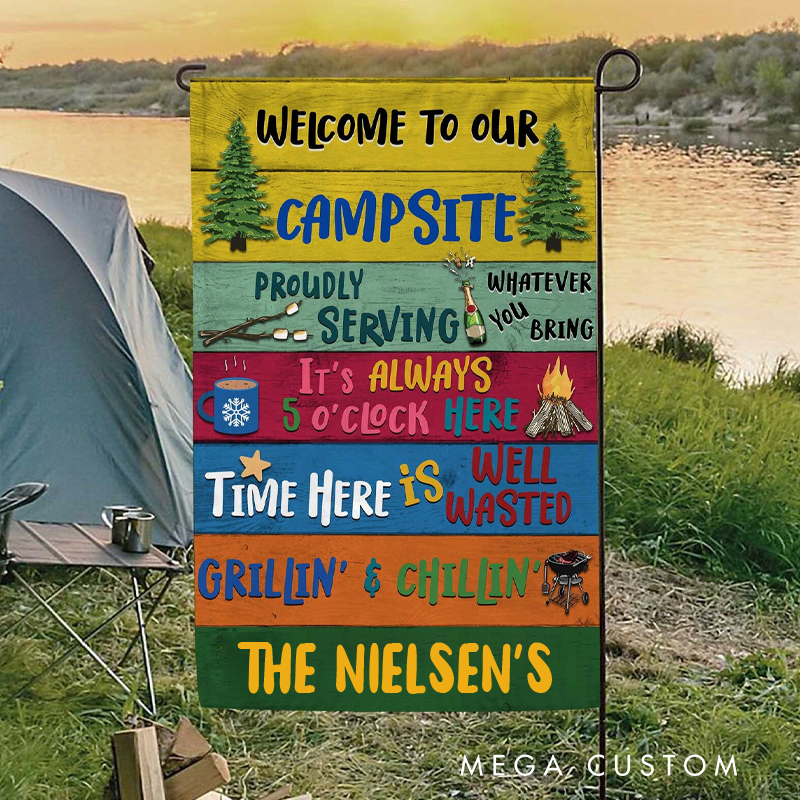 Personalized Welcome to Our Campsite Camping Flag Proudly Serving Custom Flag Camping Gift for Camping Lovers Couple Family Camping Decor