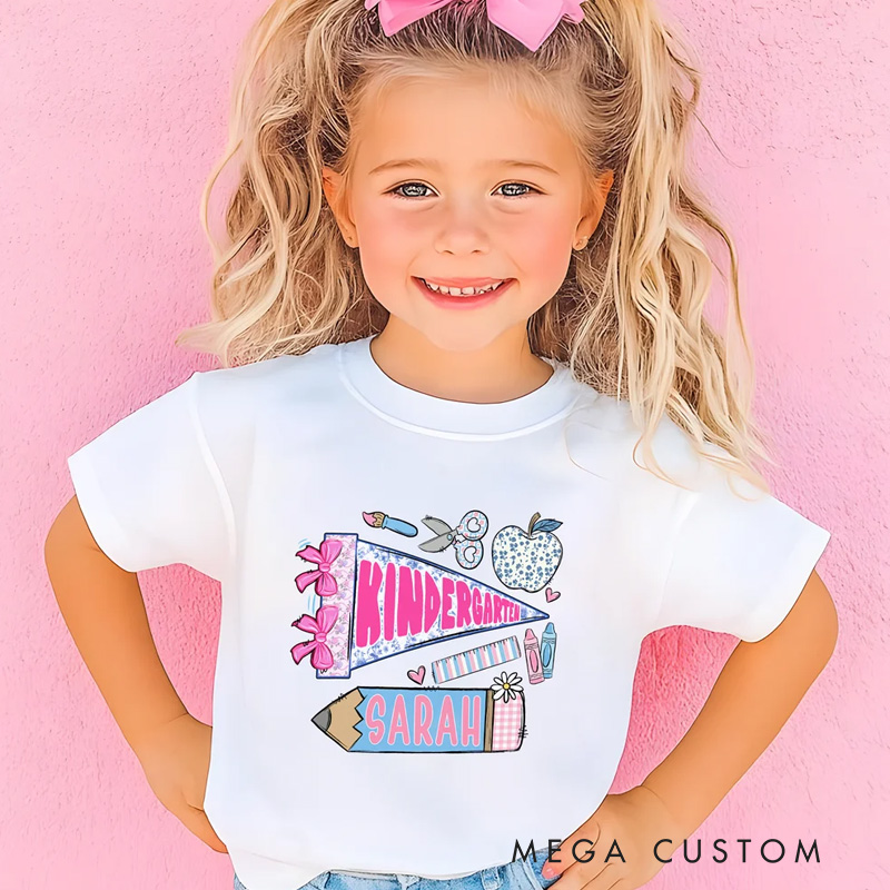 Personalized Pencil Apple Scissors Crayon Pennant Kid T-Shirt with Name and Grade Back to School Birthday Gift for Boys Girls