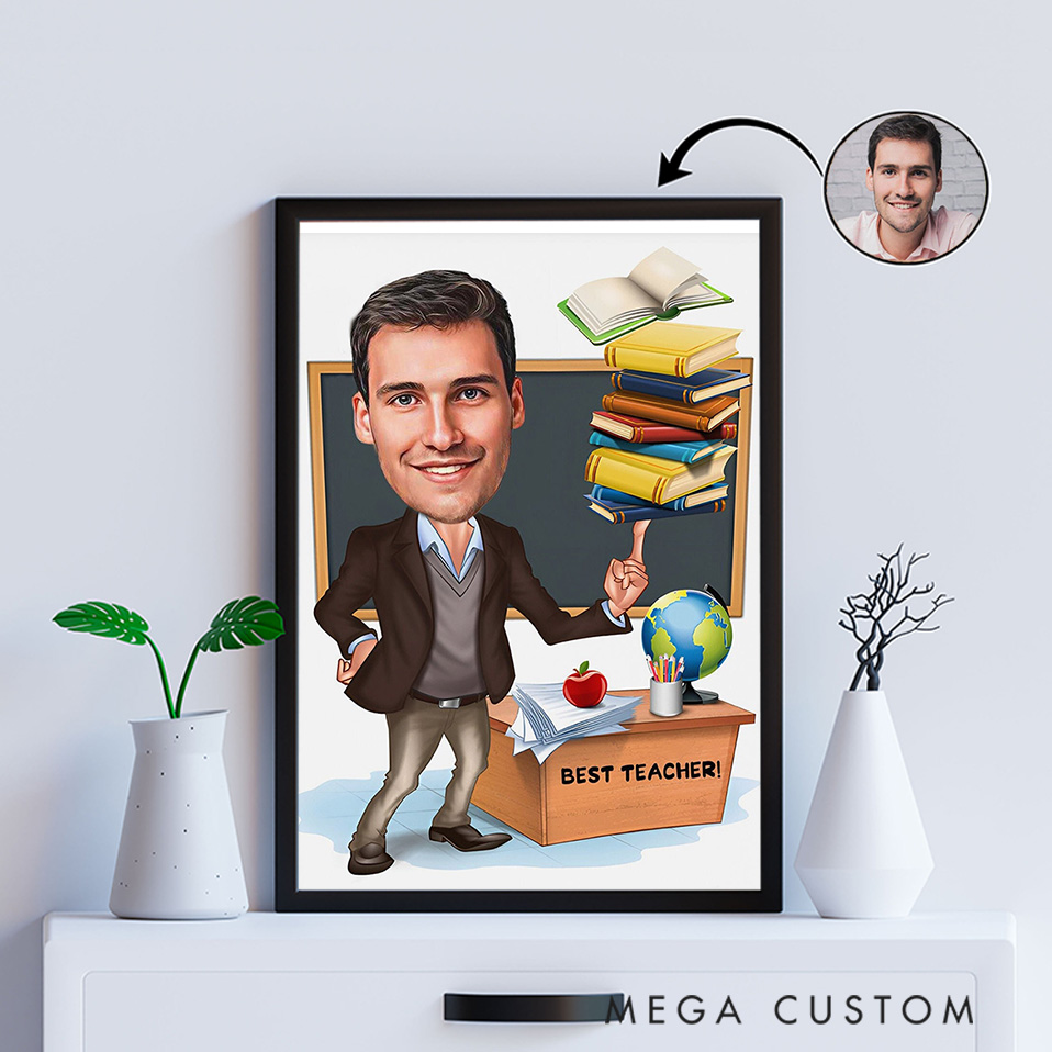 Personalized Teacher Portrait Poster Print Gift Teacher Book Design Home Classroom Wall Art Unique Gift for Teachers