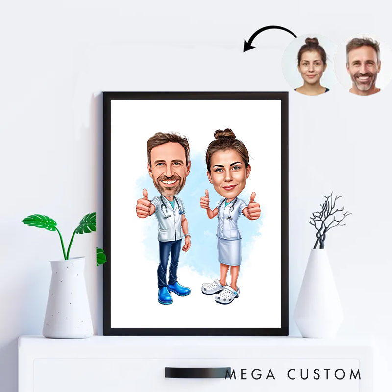 Personalized Cartoon Nurse Portrait From Photo Custom Nurse Couple Cartoon Portrait Wall Art