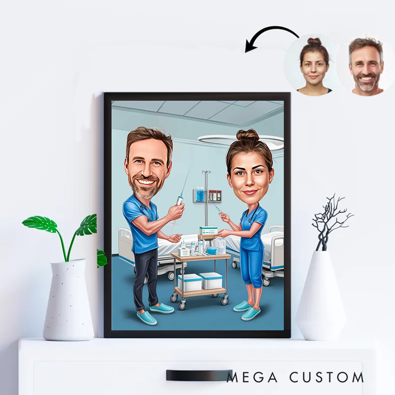 Personalized Cartoon Nurse Portrait From Photo Custom Nurse Couple Cartoon Portrait Wall Art