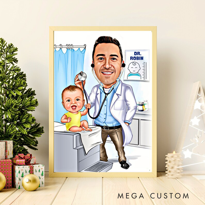 Personalized Male Pediatrician Cartoon Portrait Pediatric Doctor Caricature Wall Art