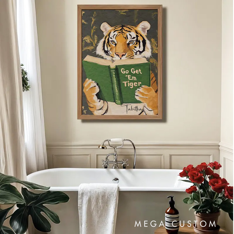 Personalized Motivational Tiger Reading Print with Name Bookworm Wall Art for Library Print Wall Decor Book Lover Office Home Decor