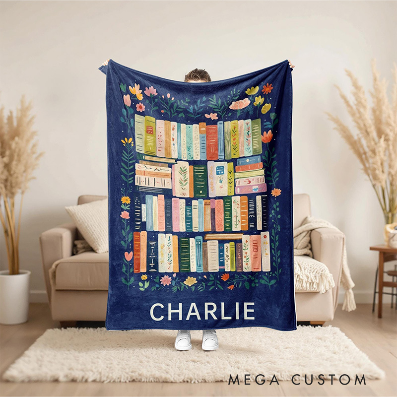 Personalized Vintage Bookshelf Library Throw Blanket Book Floral Blanket with Name Floral Bookish Blanket Gift For Book Lover Librarian Gift