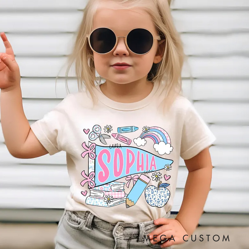 Personalized Pennant Name School Shirt for Kids Cute Back To School Girls Shirt First Day of School Tee Toddler First Day Tee