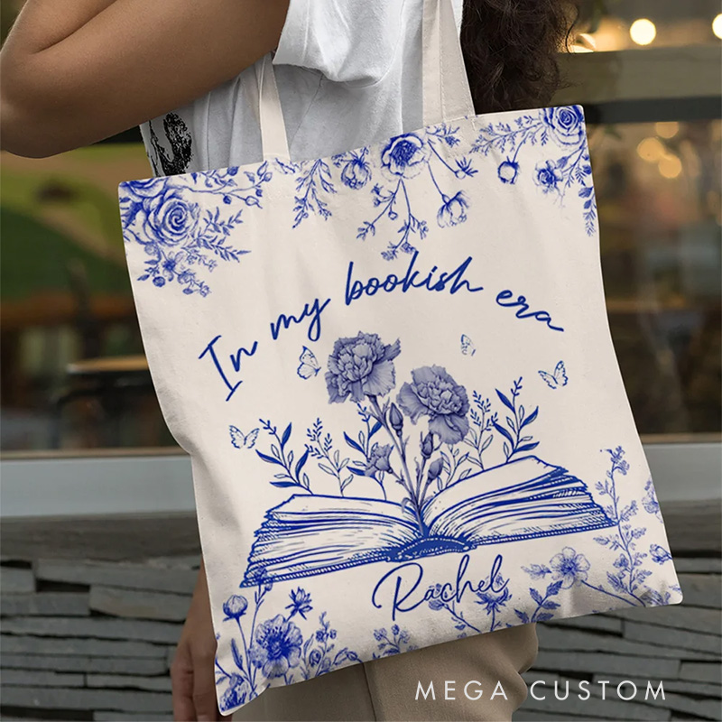 Personalized in My Bookish Era Toile Tote Bag Birth Flower Canvas Bag with Name Birthday Gift for Reading Lover Bookworm Bookish Gift