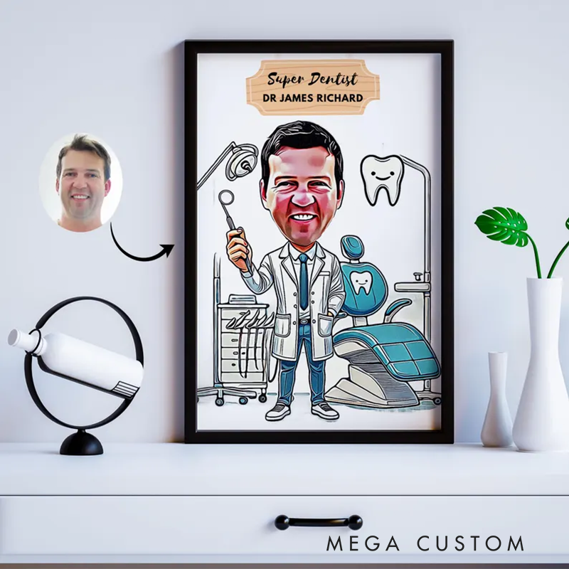 Personalized Super Dentist Cartoon Portrait Dentist Caricature Wall Art