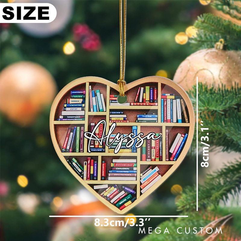 Personalized Heart Shape Book Shelf Christmas Ornament Book Club Ornament Acrylic Christmas Tree Car Pendant for Book Lover Gift Librarian Gift