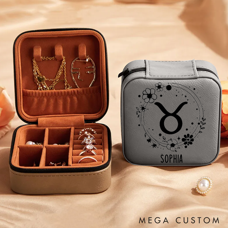 Personalized Leather Jewelry Box With Name & Zodiac Signs Gifts for Women Jewelry Travel Case Jewelry Organizer Box