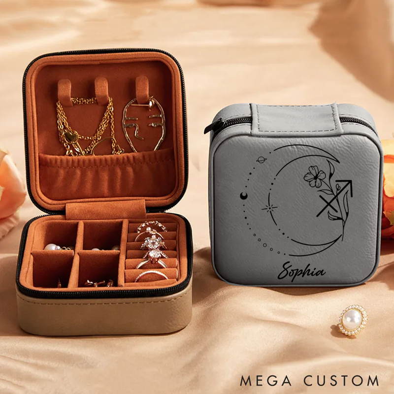 Personalized Leather Zodiac Sign Jewelry Case Zodiac Moon Gift Zodiac Leather Travel Case Gift for Her