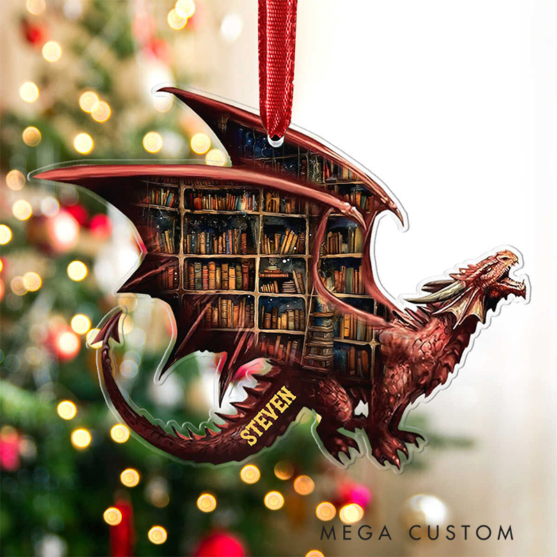 Personalized Dragon Book Christmas Ornament Custom Bookish Ornament with Name for Fantasy Book Lover Gift Librarian Gift