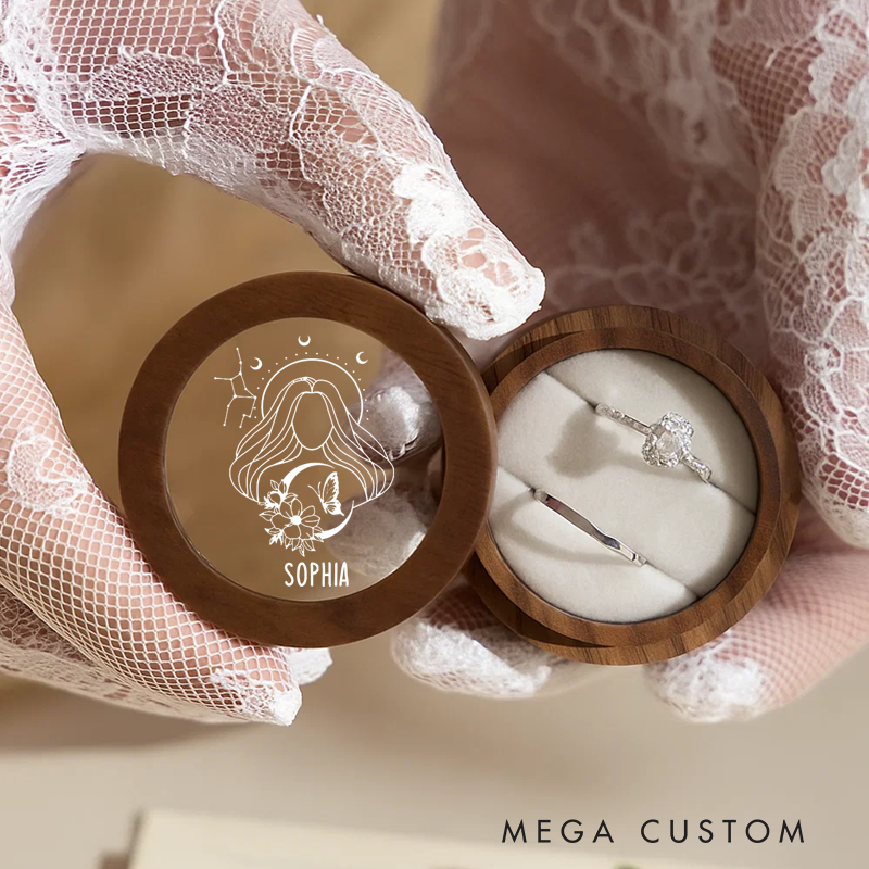 Personalized Wooden Ring Box With Name Zodiac Signs Round Ring Box with Acrylic Cover Ring Holder Birthday Gift