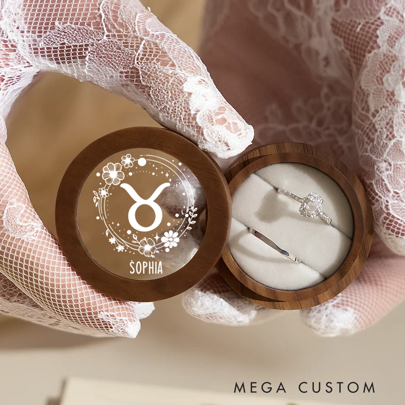 Personalized Wooden Ring Box With Name Zodiac Signs Round Ring Box with Acrylic Cover Ring Holder Birthday Gift