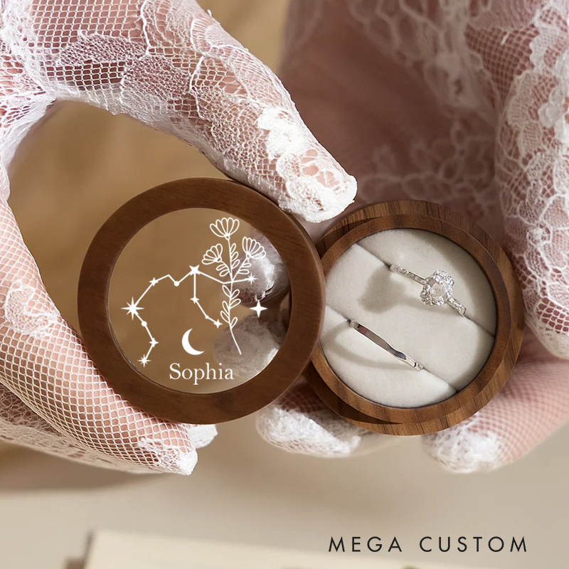 Personalized Wooden Ring Box With Name Zodiac Signs Round Ring Box with Acrylic Cover Ring Holder Birthday Gift