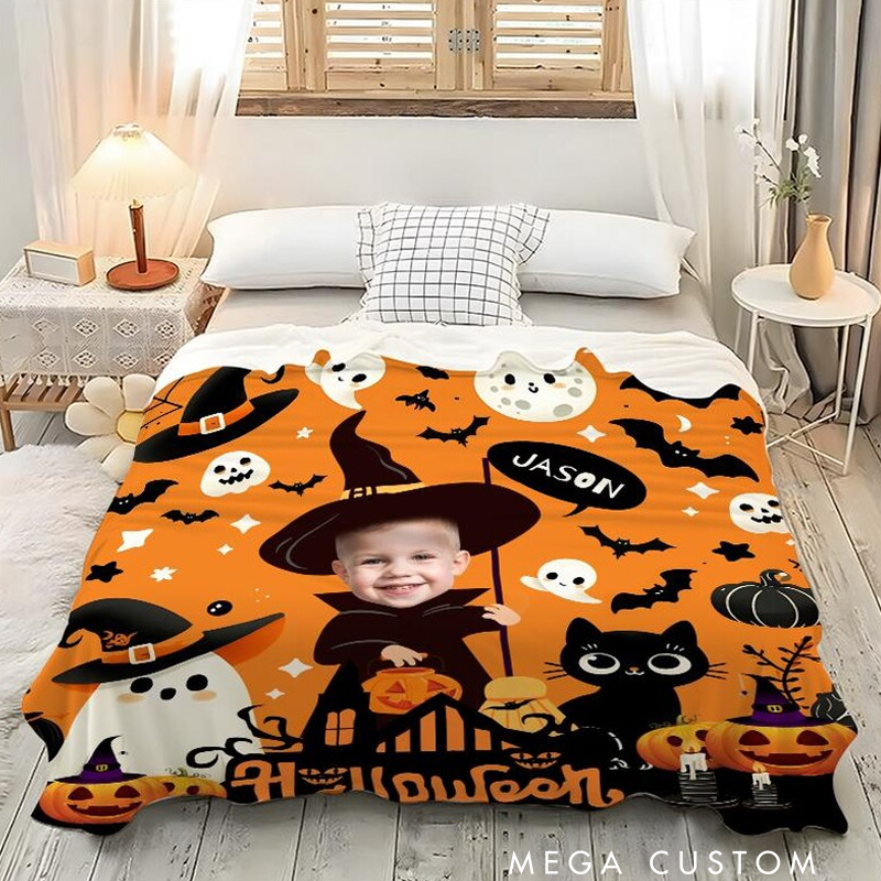 Personalized Halloween Photo & Name Blanket Custom Flannel Throw Blanket Spooky Halloween Gift