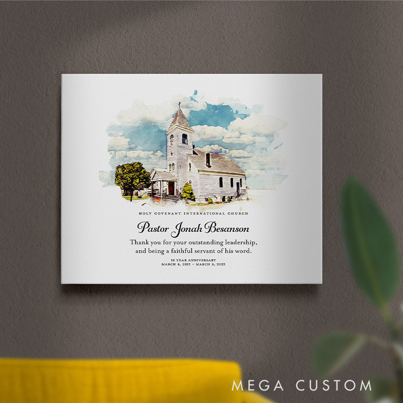 Personalized Your Church Photo Frameless Canvas Painting with Name Date Wall Decor Retirement Anniversary Installation Gift Pastor Appreciation Gift