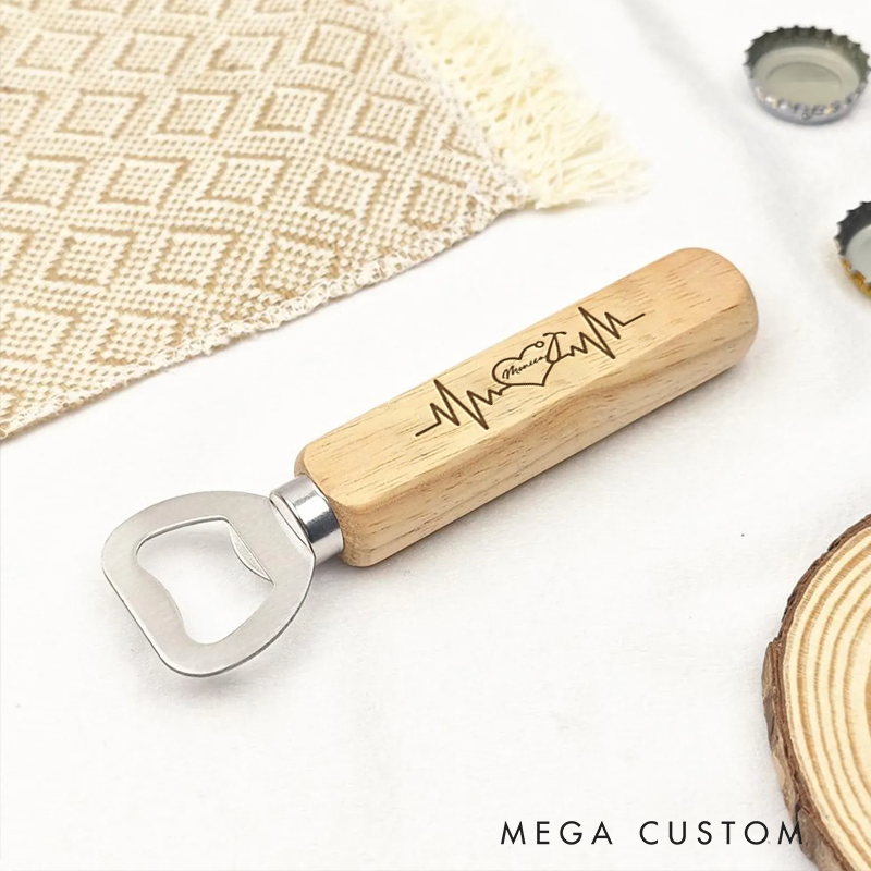 Personalized Wooden Handled Bottle Opener with Custom Heartbeat Design Gift for Nurse