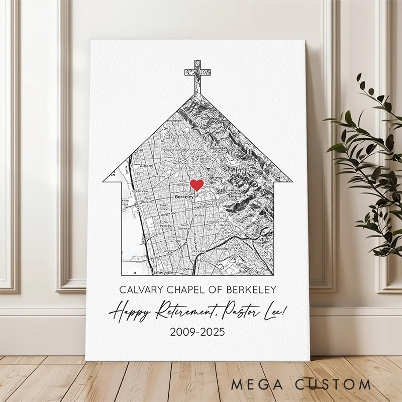 Personalized Map of Church Frameless Poster with Name and Year Wall Decor Pastor Appreciation Gift Priest Leaving Gift Retirement Installation Gift