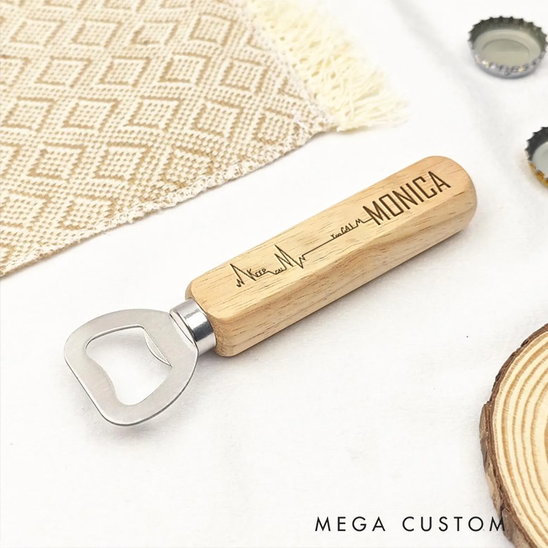 Personalized Wooden Handled Bottle Opener with Custom Heartbeat Design Gift for Nurse