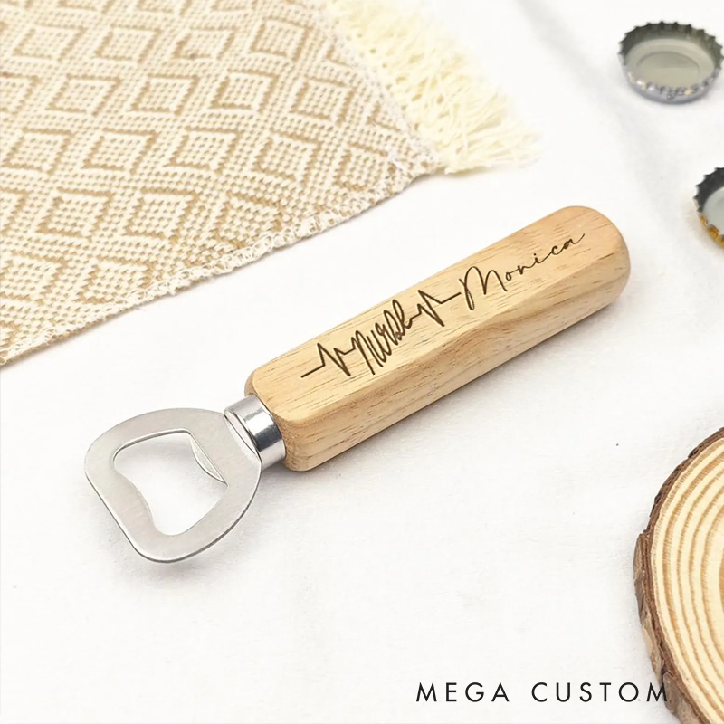 Personalized Wooden Handled Bottle Opener with Custom Heartbeat Design Gift for Nurse