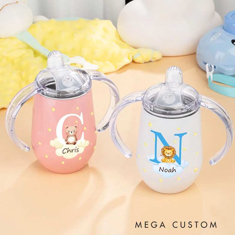 Personalized Initial Forest Animals Insulated Name Sippy Cup with Lid and Handle Birthday Baby Shower Back to School Gift for Toddler Kids