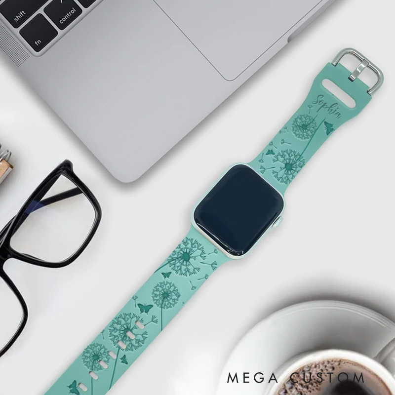 Personalized Dandelion Watch Band Compatible with Apple Watch iWatch Silicone Watch Band Engraved Wildflowers for Mother’s Day and Gardening Lover