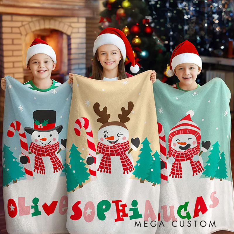 Personalized Cute Candy Cane Top Hat Snowman Soft Throw Blanket with Colored Name Winter Home Decor Holiday Christmas Gift