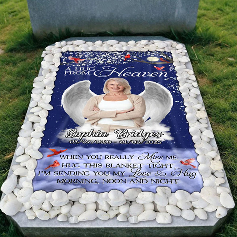 Personalized Memorial Grave Blanket Give A Hug From Heaven Memorial Photo Blanket Custom Photo Waterproof Blanket Remembrance Gift