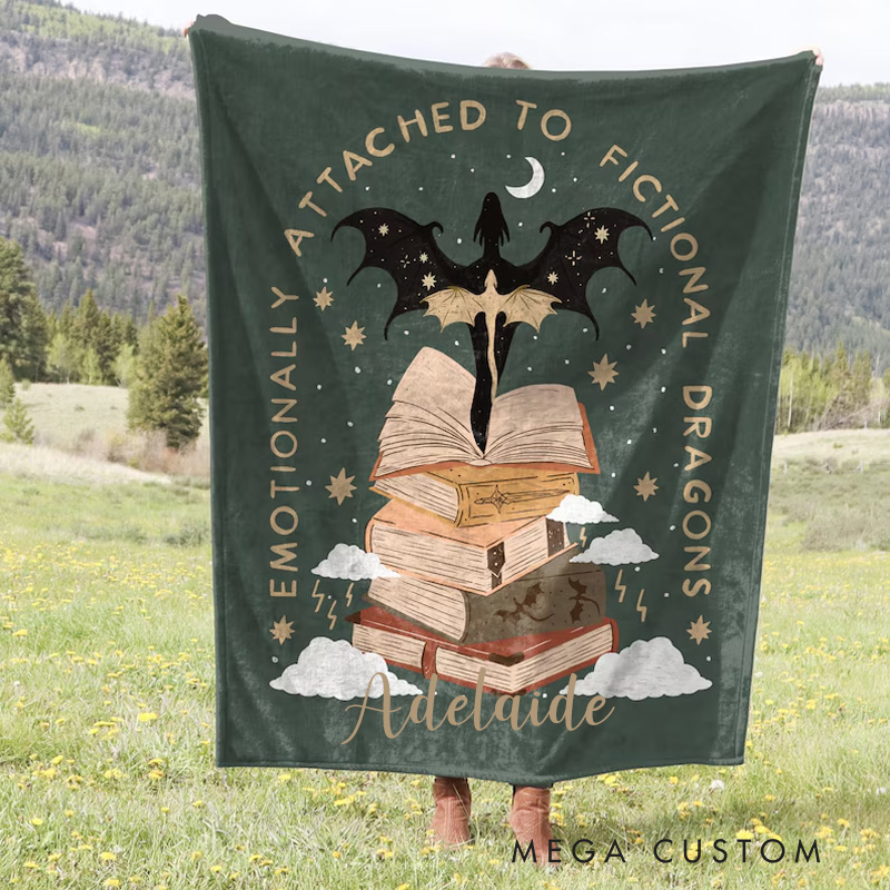 Personalized Emotionally Attached to Fictional Dragons Bookish Throw Blanket Fantasy Romance Blanket with Name Book Lover Gift Birthday Gift