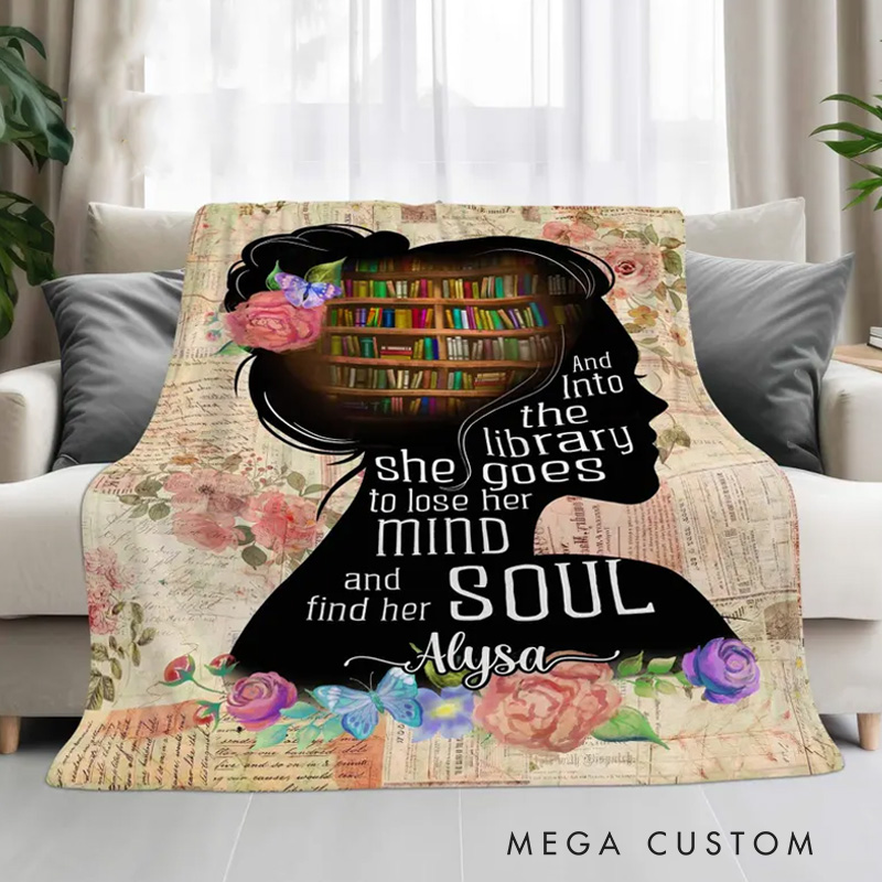 Personalized and into the Library Throw Blanket Flower and Girl Bookish Blanket with Name Book Lover Gift Librarian Gift