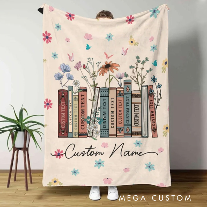 Personalized Floral Book Throw Blanket Custom Books and Name Library Blanket Bookish Blanket with Name Book Lover Gift Librarian Gift